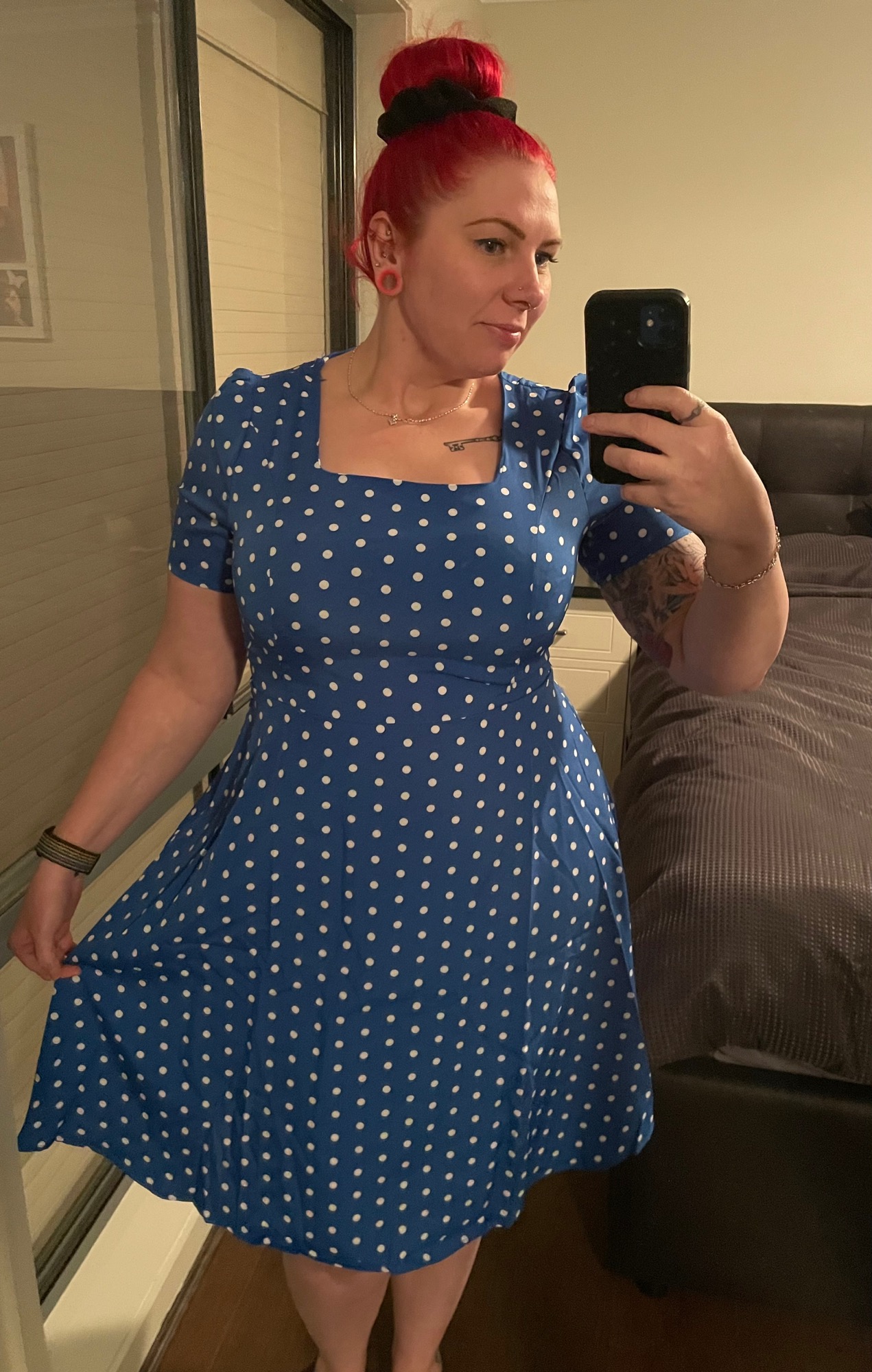 Blue Polka Dot Bow Front Spaghetti Strap Summer Women High Waist Shirred Back Pleated Vintage Dress