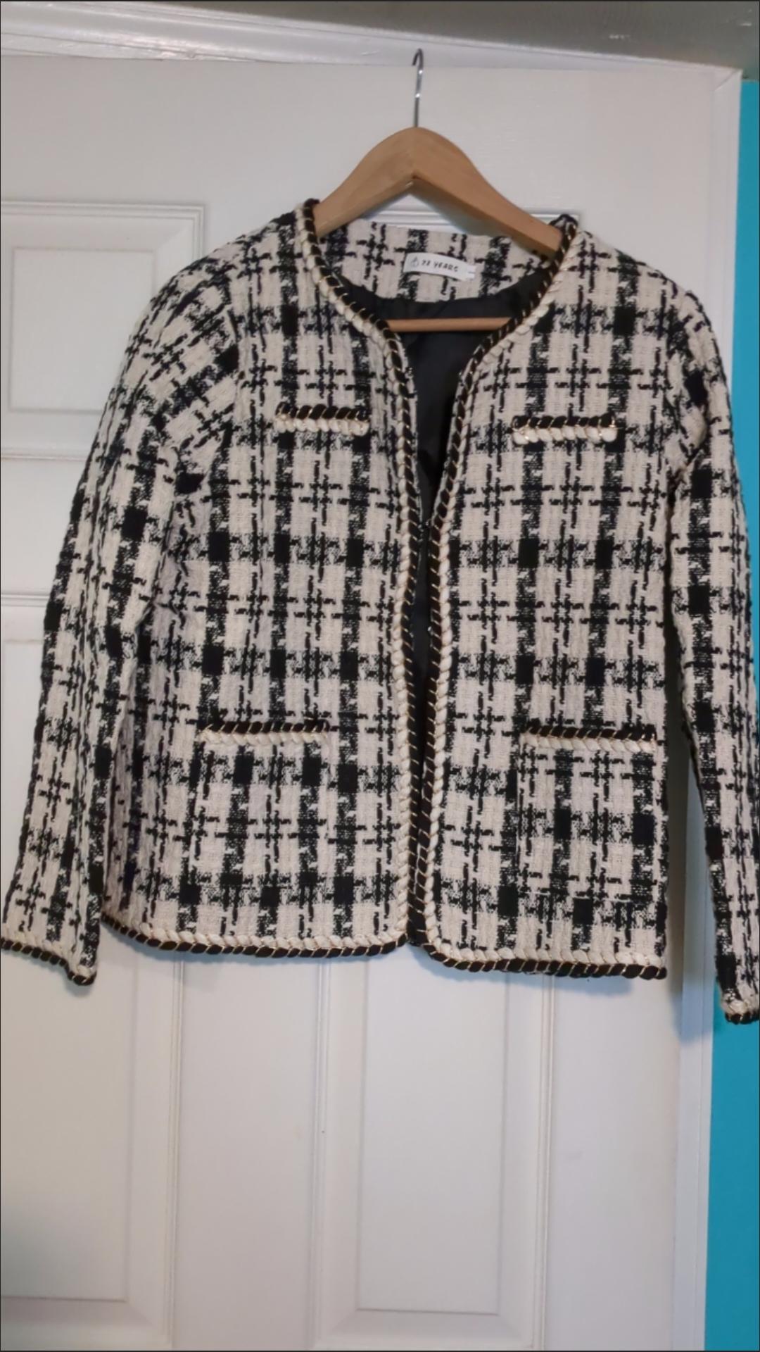 Color Block Black And White Casual Plaid Jacket - Temu