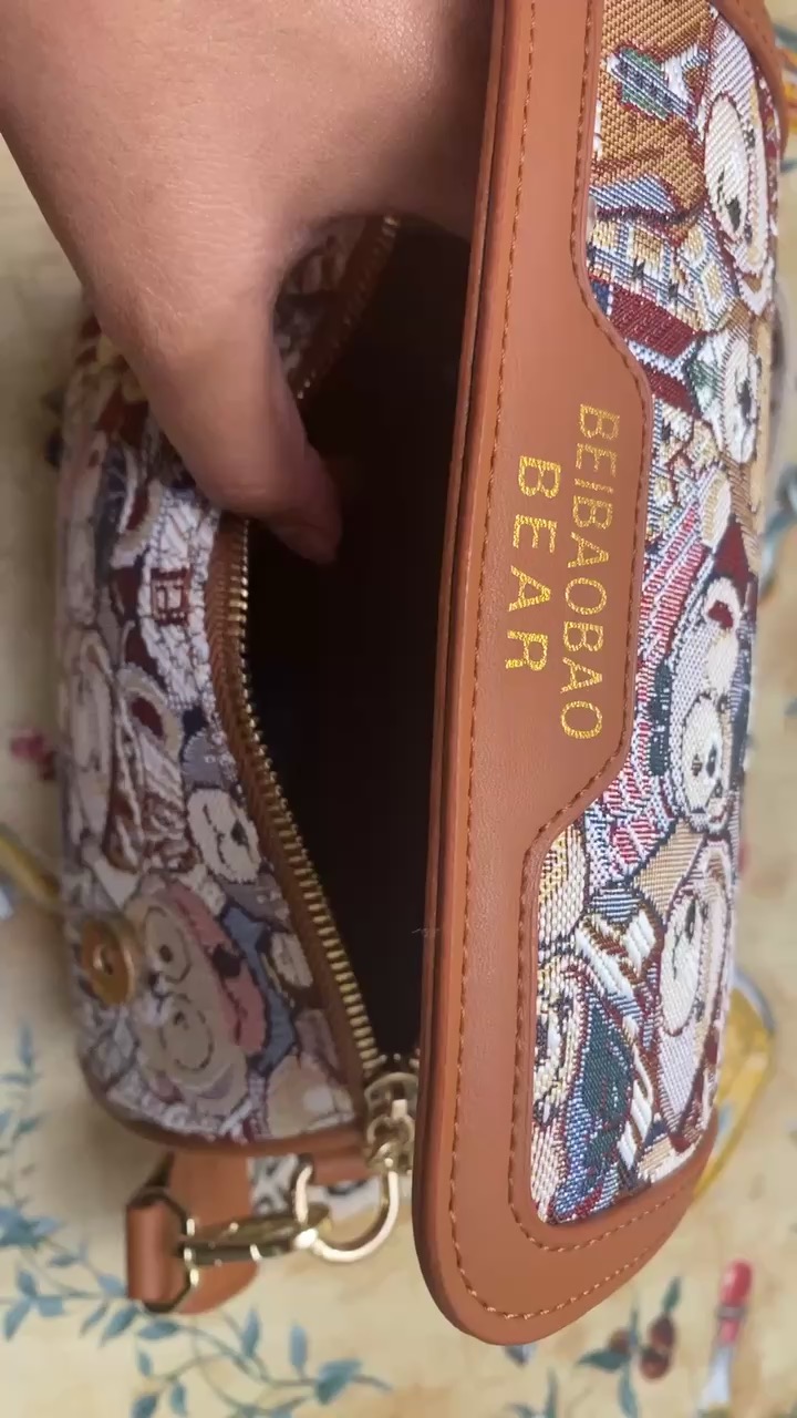 small bear jacquard shoulder bag cartoon flap cylinder purse womens wide strap crossbody bag 8 66 5 51 4 33 inch